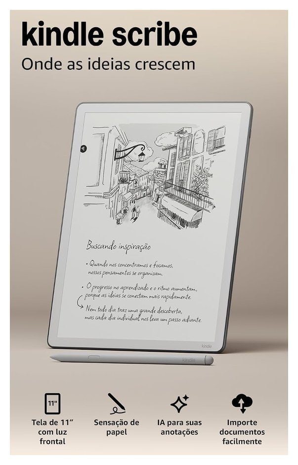 Kindle Scribe 32 GB com luz frontal e tela em preto e branco de 11 polegadas