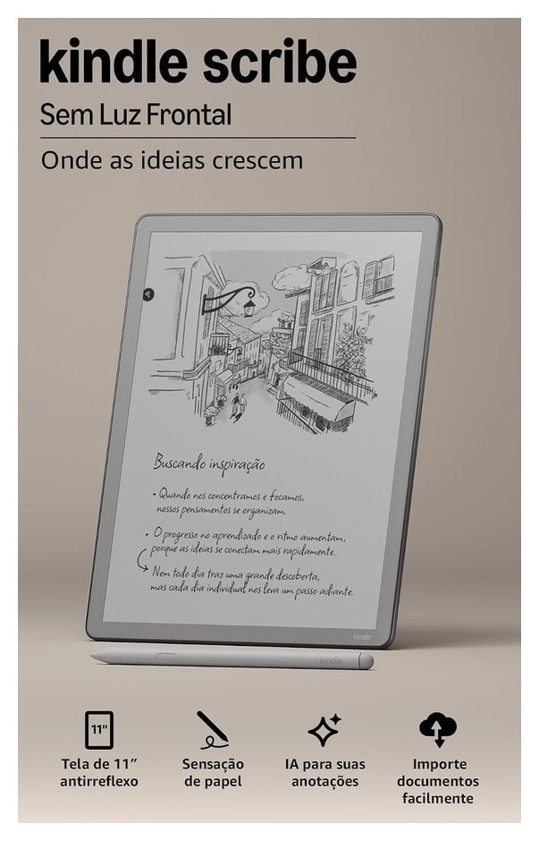 Kindle Scribe sem luz frontal com tela em preto e branco de 11 polegadas