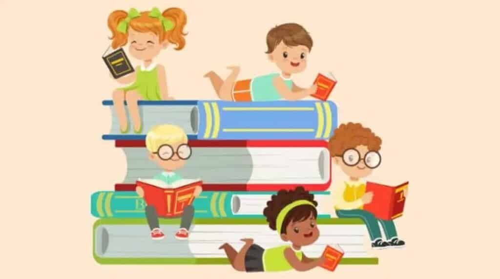Ilustração de crianças lendo sentadas sobre uma pilha de livros coloridos